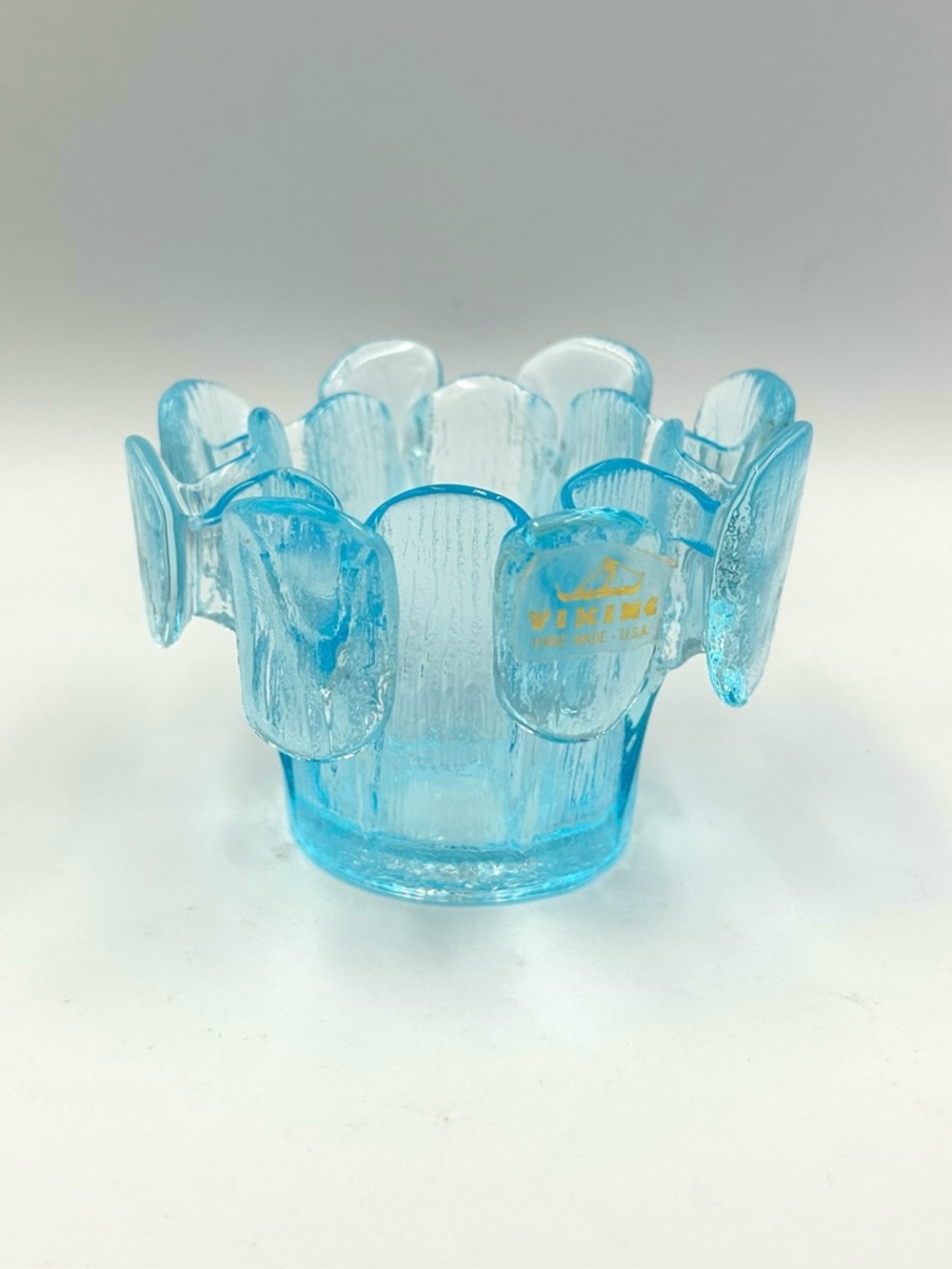Vintage Viking Glass "Finnish Vessel" Crown Votive Candle holder Spring Blue